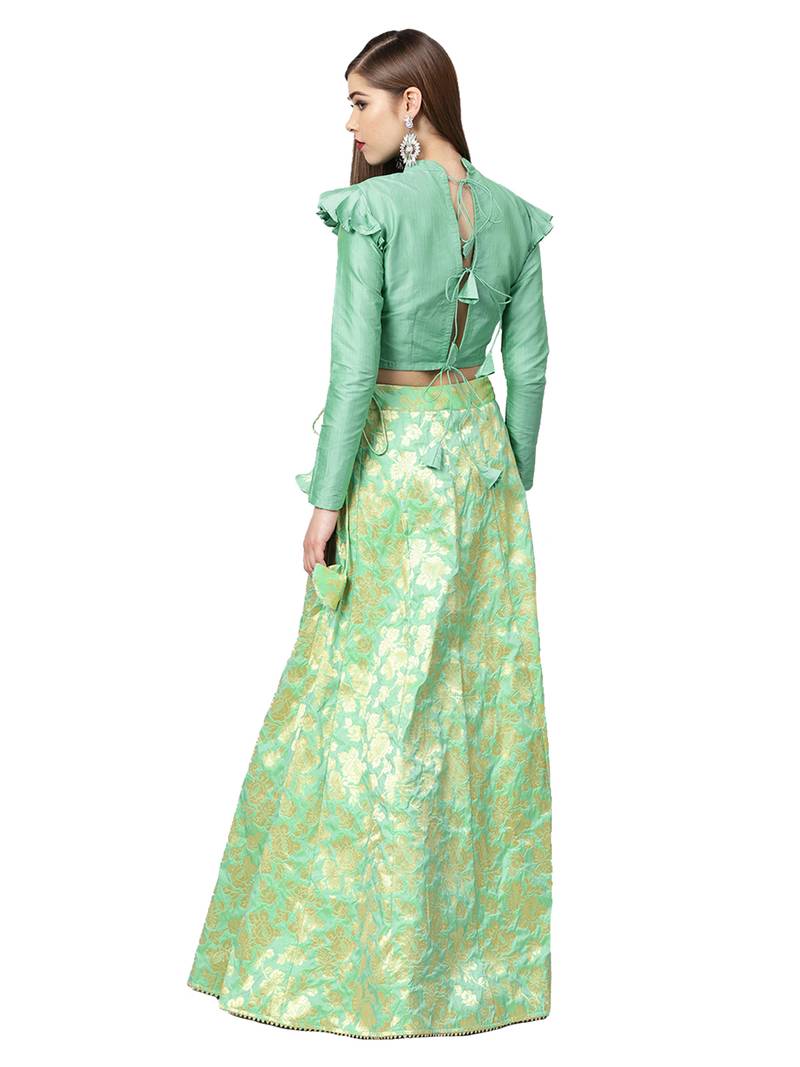 Green Woven Silk Blend Semi Stitched Lehenga