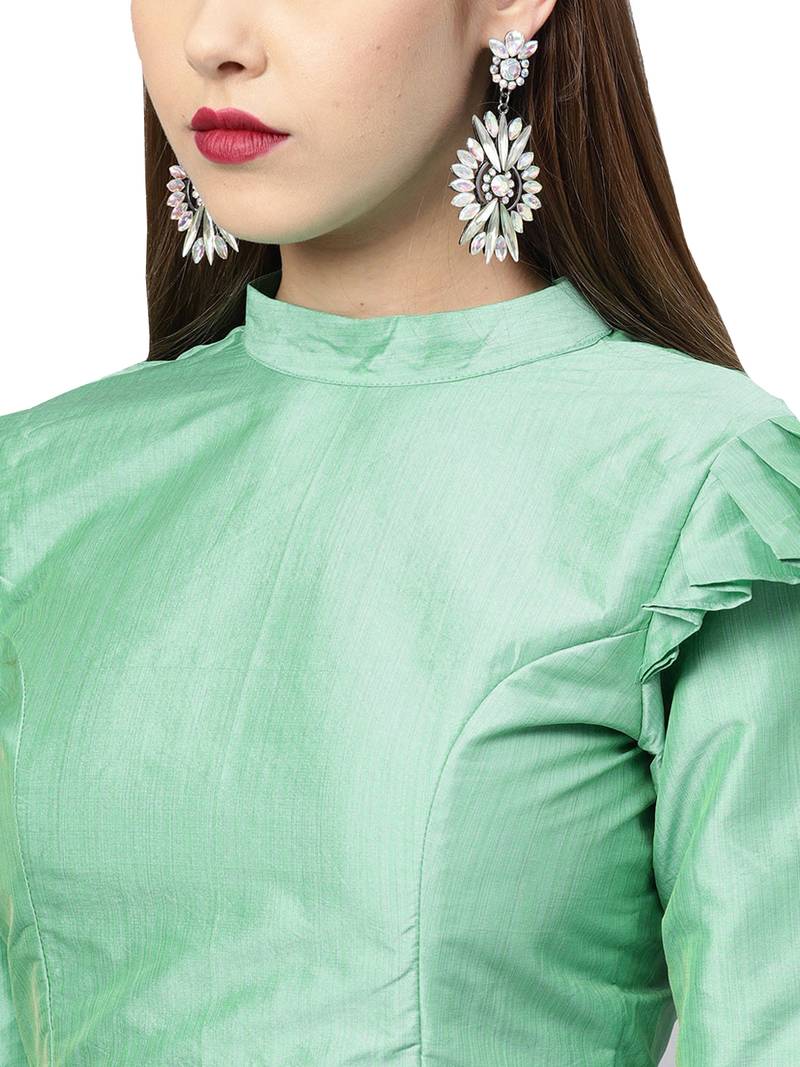 Green Woven Silk Blend Semi Stitched Lehenga