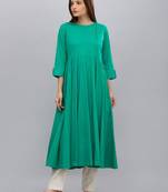 Green plain cotton long-kurtis
