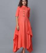 Orange plain cotton long-kurtis