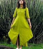 Green plain cotton long-kurtis