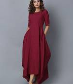 Maroon plain cotton long-kurtis