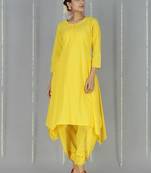 Yellow plain cotton long kurtis with pant