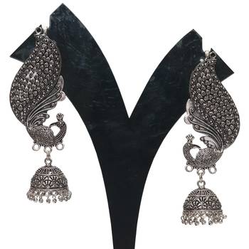 Oxidized Peacock motif full ear cover jhumki earrings 1