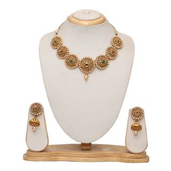 Multicolour stone studed rose gold pearl choker necklace set 1