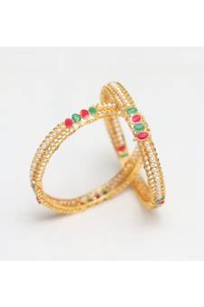 Elegant red, green stone studded pearl pair of bangles