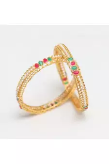 Elegant red, green stone studded pearl pair of bangles