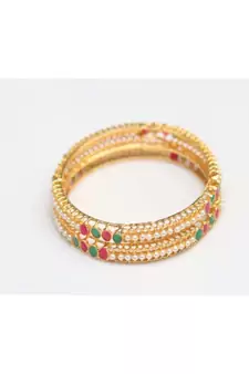 Elegant red, green stone studded pearl pair of bangles
