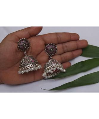 Pearl oxidized jhumki earrings with tinge of pinnk 1