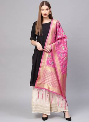 Women Rani Pink Color Woven Traditional Dupatta 1