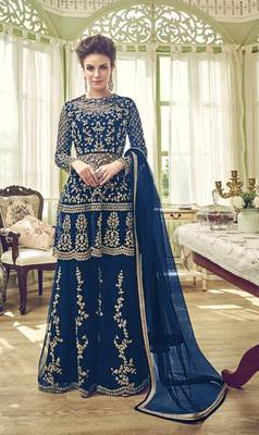 Blue embroidered net semi stitched salwar with dupatta 1
