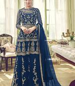 Blue embroidered net semi stitched salwar with dupatta