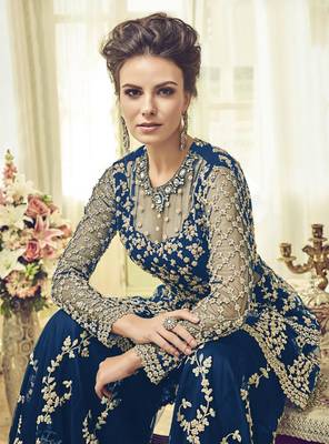 Blue embroidered net semi stitched salwar with dupatta 2