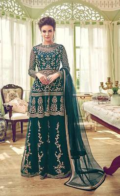 Sea-green embroidered net semi stitched salwar with dupatta 1