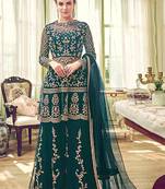 Sea-green embroidered net semi stitched salwar with dupatta