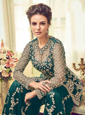 Sea-green embroidered net semi stitched salwar with dupatta 2