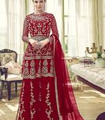 Red embroidered net semi stitched salwar with dupatta