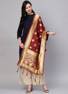 Women Maroon Color Woven Banarasi Dupatta 1