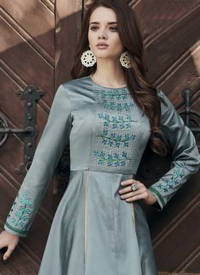 Grey embroidered silk long-kurtis 2