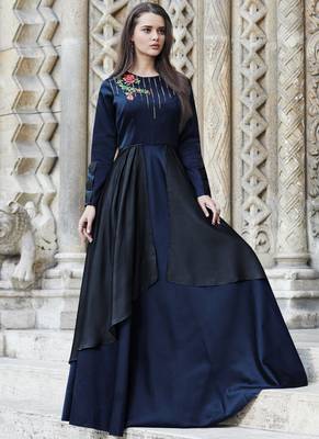 Navy-blue embroidered silk long-kurtis 1