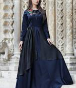 Navy-blue embroidered silk long-kurtis