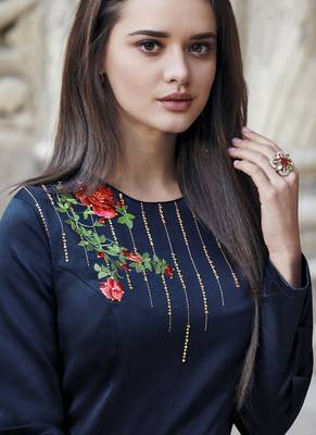 Navy-blue embroidered silk long-kurtis 2