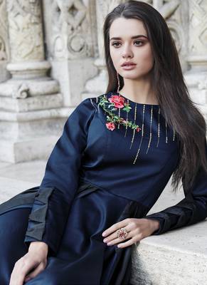 Navy-blue embroidered silk long-kurtis 3