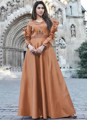 Orange embroidered silk long-kurtis 1