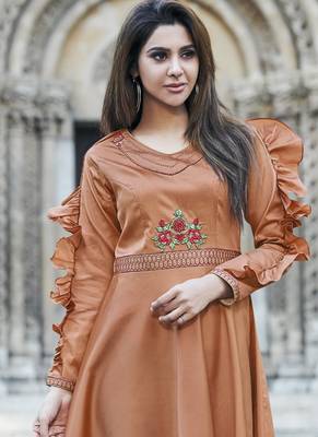 Orange embroidered silk long-kurtis 2