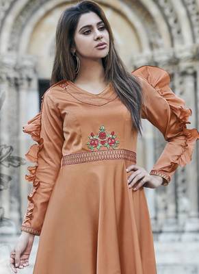 Orange embroidered silk long-kurtis 3