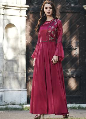 Maroon embroidered silk long-kurtis 1