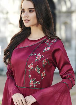 Maroon embroidered silk long-kurtis 2