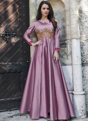 Dark-pink embroidered silk long-kurtis 1