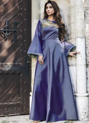 Light-blue embroidered silk long-kurtis 1
