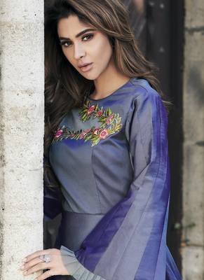 Light-blue embroidered silk long-kurtis 2