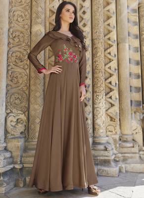Beige embroidered silk long-kurtis 1
