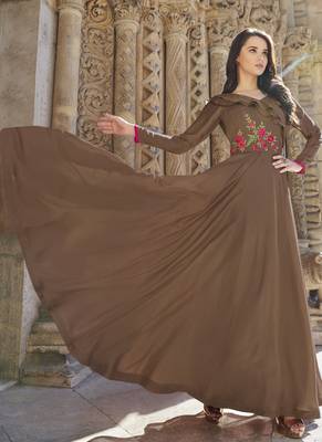 Beige embroidered silk long-kurtis 2