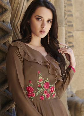 Beige embroidered silk long-kurtis 4