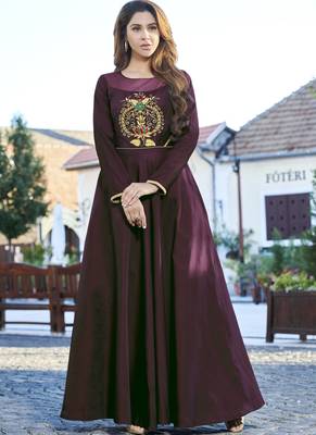 Dark-wine embroidered silk long-kurtis 1