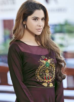 Dark-wine embroidered silk long-kurtis 2