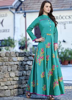 Light-green embroidered silk long-kurtis 1