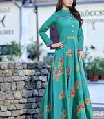 Light-green embroidered silk long-kurtis