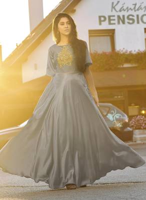 Grey embroidered silk long-kurtis 1