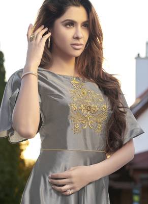 Grey embroidered silk long-kurtis 2