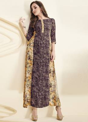 Brown printed rayon long-kurtis 1