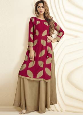 Blood-red printed rayon long-kurtis 1