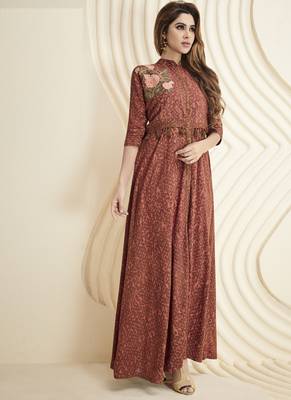 Brown embroidered rayon long-kurtis 1