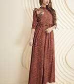 Brown embroidered rayon long-kurtis