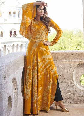 Yellow printed rayon long-kurtis 1