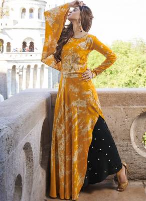 Yellow printed rayon long-kurtis 2